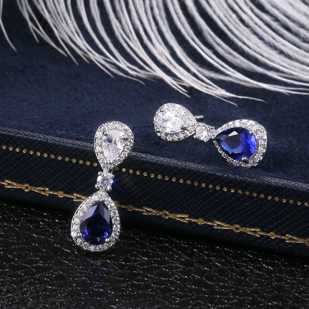 NEW Silver Blue Teardrop Sapphire Diamond Earrings - Picture 5 of 7
